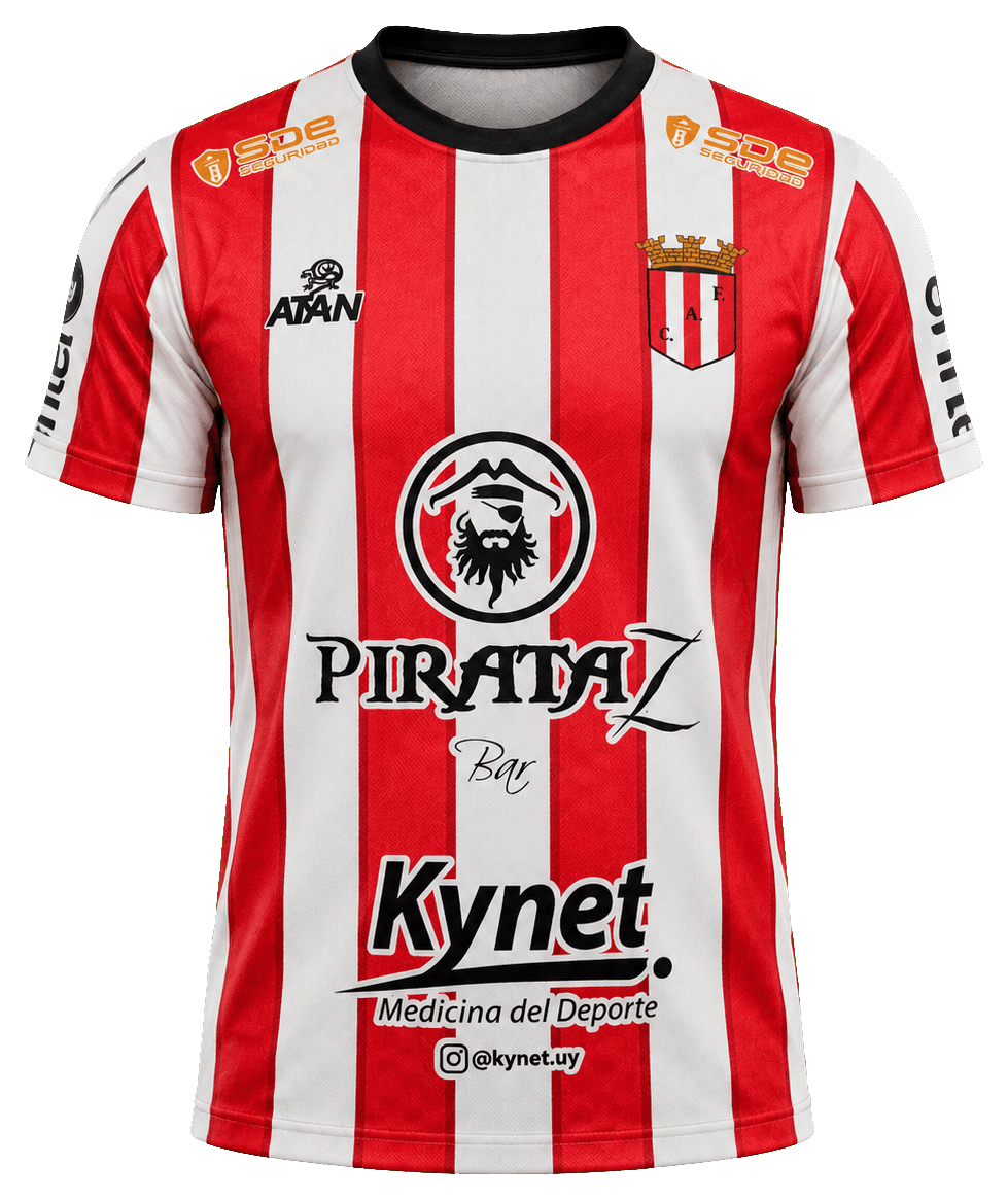 Camiseta titular 2026 del Atlético Fernandino, a franjas verticales rojas y blancas.